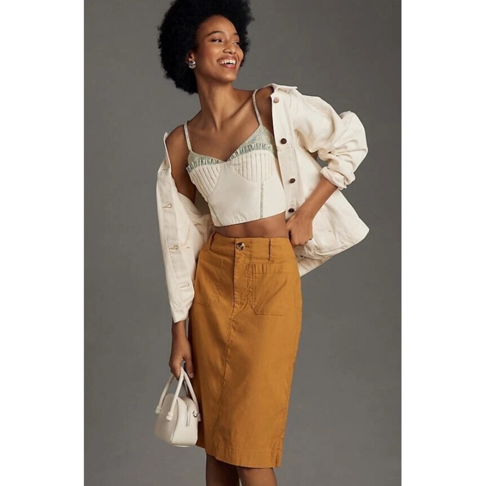 Maeve Anthropologie Collete Midi Skirt Women Small Mustard Yellow Boho Casual